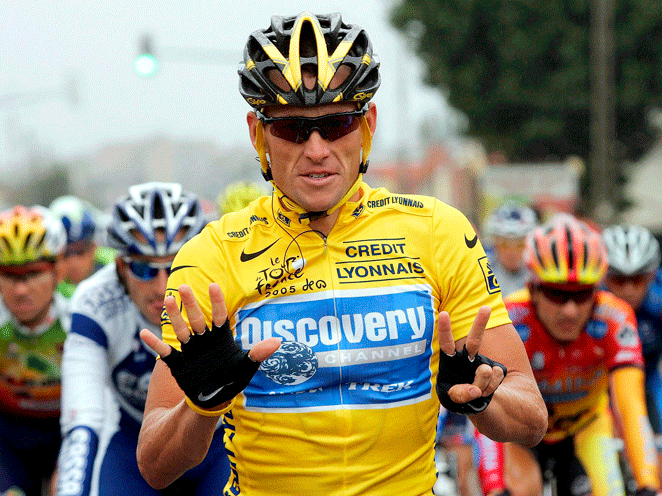 Armstrong celebrates his seventh Tour de France title. All his titles are now stripped.