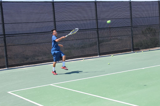Senior Jonathan Lee hits a forehand against Santa Monica High School.