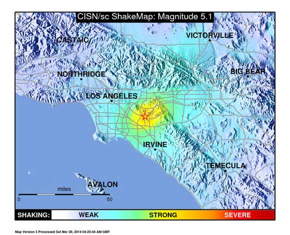 Map displaying the affected earthquake areas from the California Integrated Seismic Network.