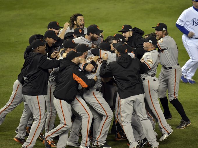 The Giants celebrate after winning the 2014 World Series