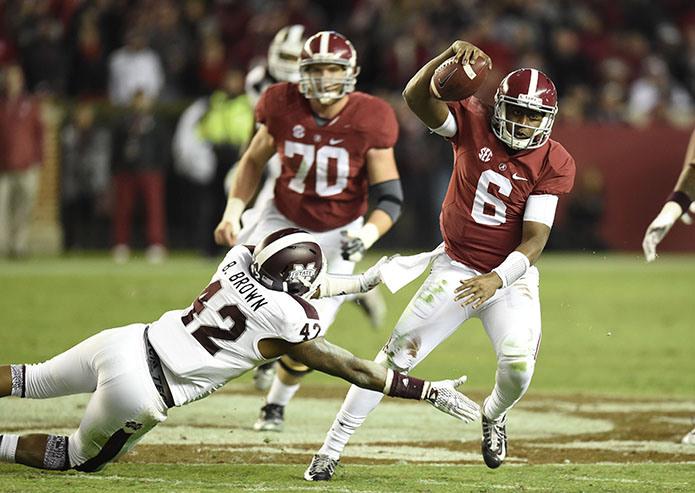 Alabama Quarterback Blake Sims runs in for a touchdown against Mississippi State.