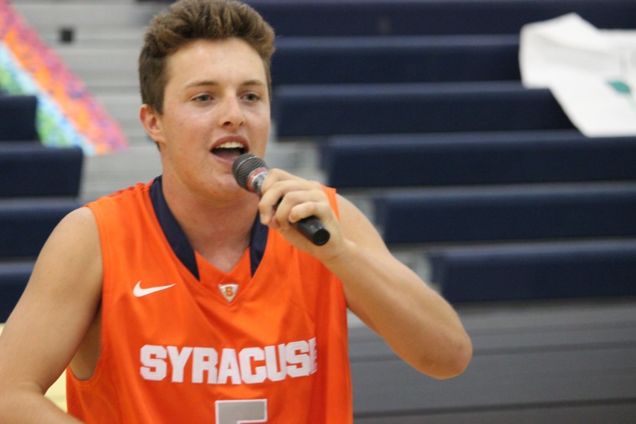 Future Wildcat Pack leader Rory Mita, a junior, rehearses his lines for the rally where he’ll have to fire up the student body. 