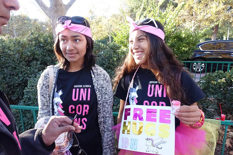 West Ranch seniors Maha Zaman and Siobhan Rubio wait for the park to open.