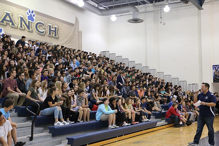 ASB Director Todd Arrowsmith welcomes incoming freshmen to West Ranch.
