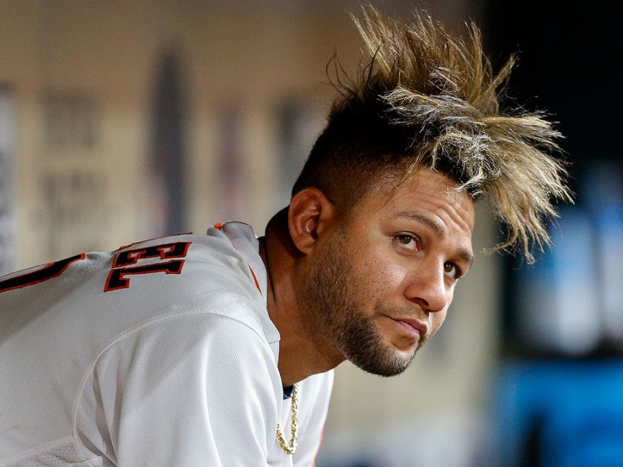 HOUSTON, TX - MAY 09:  First baseman Yuli Gurriel #10 of the Houston Astros looks on from the dugout against the Atlanta Braves at Minute Maid Park on May 9, 2017 in Houston, Texas.  (Photo by Bob Levey/Getty Images)