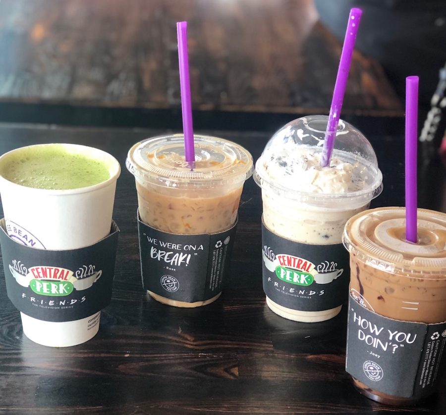 From left: "The Rachel" Matcha Latte, "The Chandler" Caramel Coconut Latte, "The Phoebe" Cookies and Cream Ice Blended, "The Monica" Midnight Mocha Cold Brew