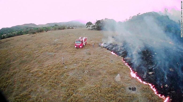 This drone picture was released in Aug. 2019 by the  Corpo de Bombeiros de Mato Grosso of a fire in the Amazon.